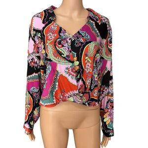 Rachel Zoe Cropped Wrap Top Collared Blouse Floral Black Boho Multi Size XL